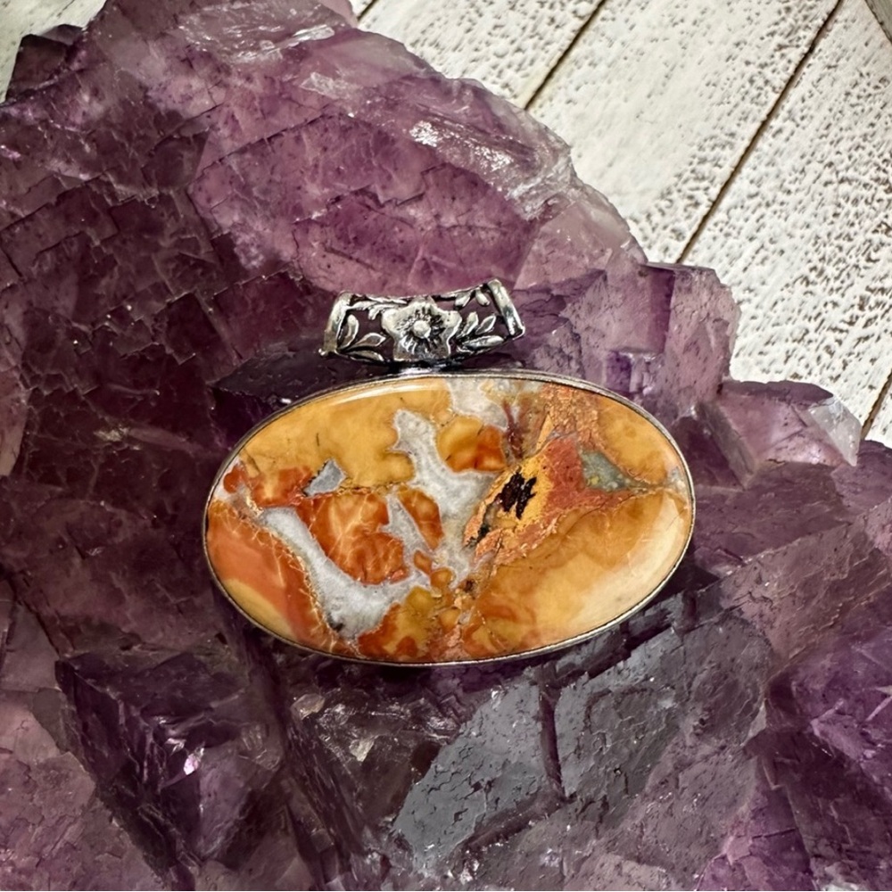 Maligano Jasper Sterling Silver 925 Oval Pendant Orange Red Gray Quartz - Picture 7 of 8